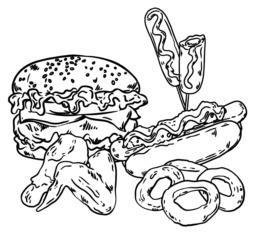 Fastfood krijttekening. Hamburger, corndog, hotdog, unionrings